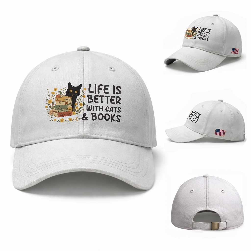 Life Is Better With Cats And Books Baseball Cap Funny Black Cat Book Lover