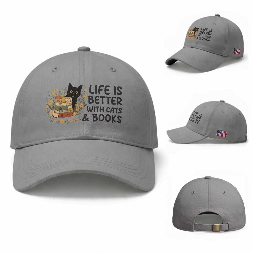 Life Is Better With Cats And Books Baseball Cap Funny Black Cat Book Lover
