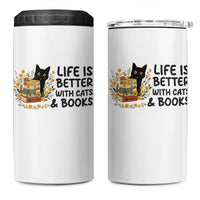 Life Is Better With Cats And Books 4 in 1 Can Cooler Tumbler Funny Black Cat Book Lover