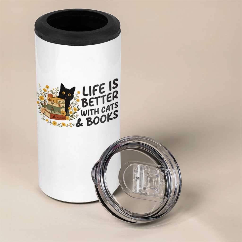 Life Is Better With Cats And Books 4 in 1 Can Cooler Tumbler Funny Black Cat Book Lover
