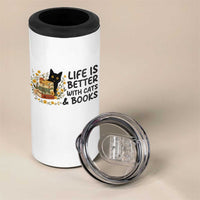 Life Is Better With Cats And Books 4 in 1 Can Cooler Tumbler Funny Black Cat Book Lover