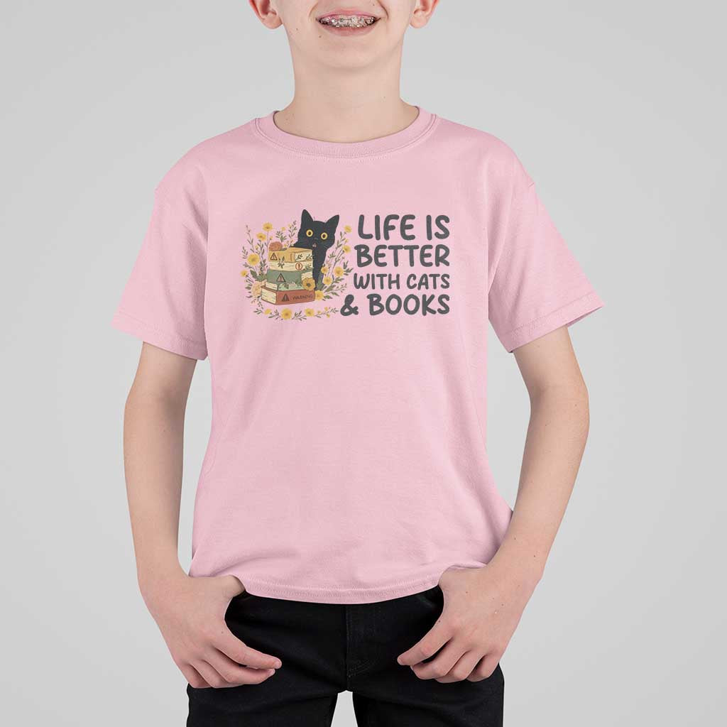 Life Is Better With Cats And Books T Shirt For Kid Funny Black Cat Book Lover - Wonder Print Shop