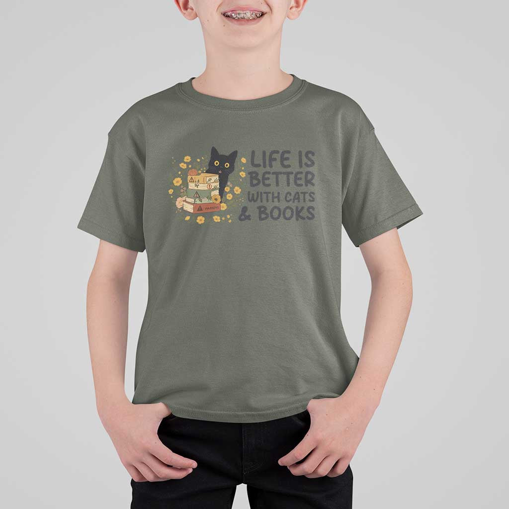 Life Is Better With Cats And Books T Shirt For Kid Funny Black Cat Book Lover - Wonder Print Shop