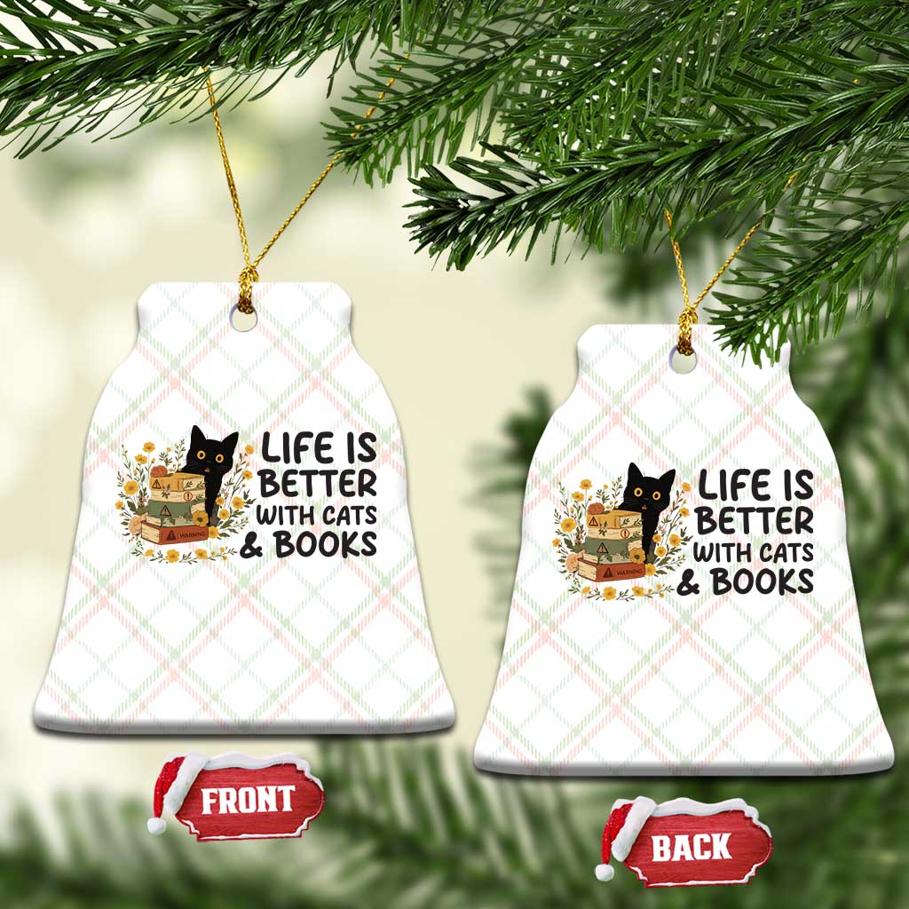 Life Is Better With Cats And Books Ceramic Ornament Funny Black Cat Book Lover - Wonder Print Shop