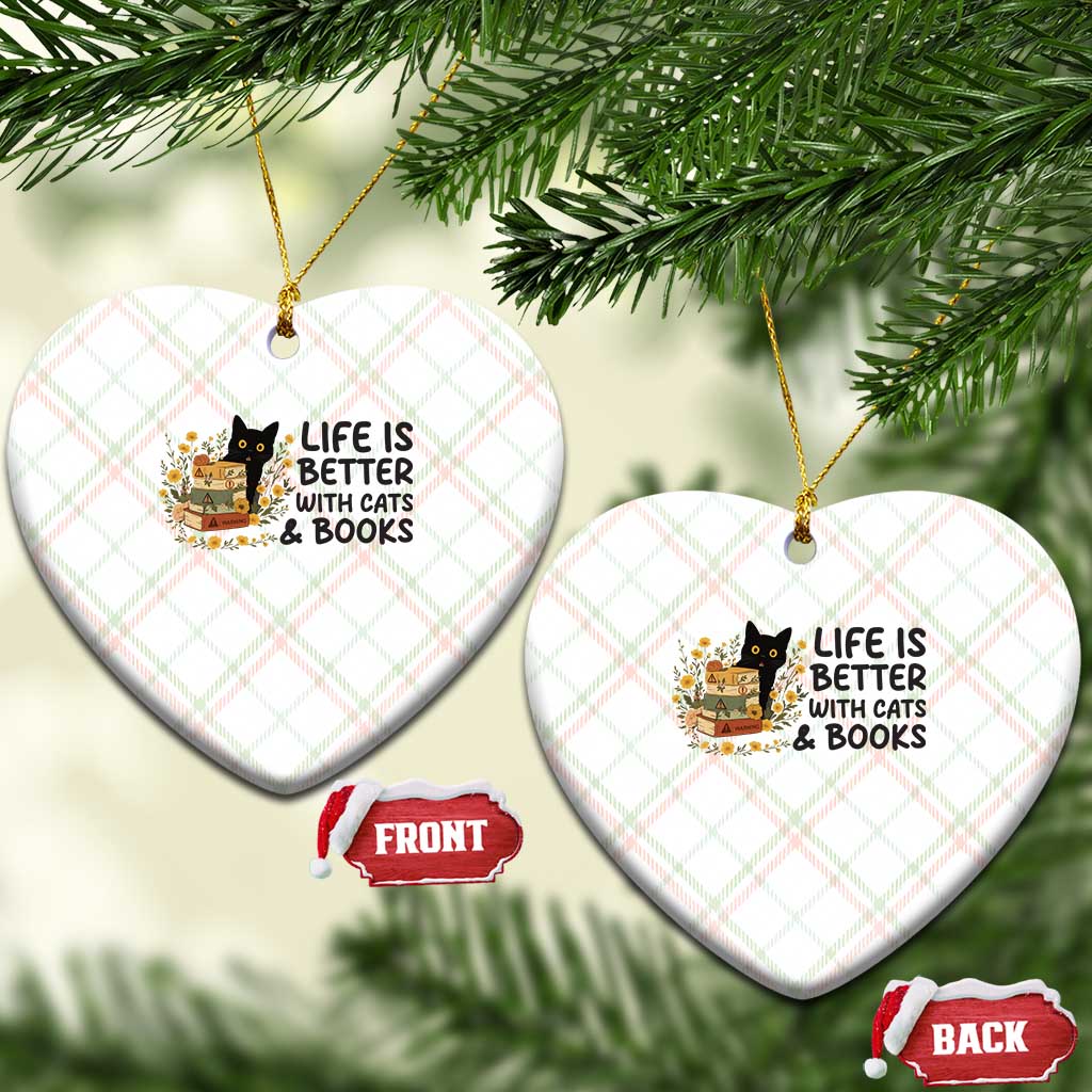 Life Is Better With Cats And Books Ceramic Ornament Funny Black Cat Book Lover - Wonder Print Shop