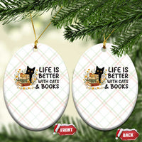 Life Is Better With Cats And Books Ceramic Ornament Funny Black Cat Book Lover - Wonder Print Shop
