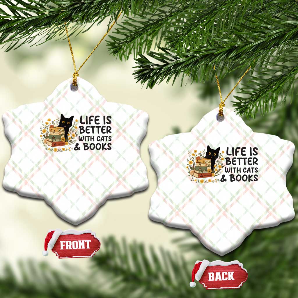 Life Is Better With Cats And Books Ceramic Ornament Funny Black Cat Book Lover - Wonder Print Shop