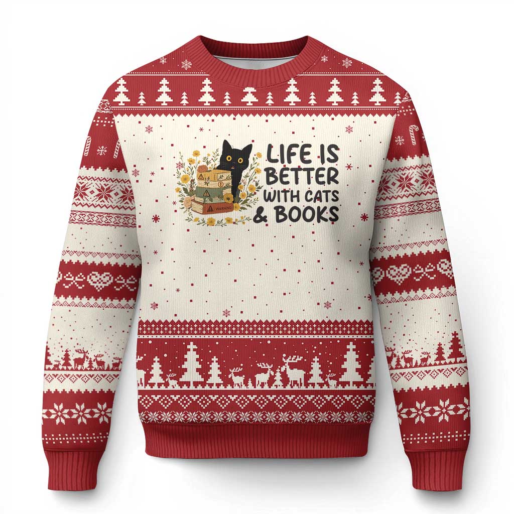 Life Is Better With Cats And Books Ugly Christmas Sweater Funny Black Cat Book Lover - Wonder Print Shop