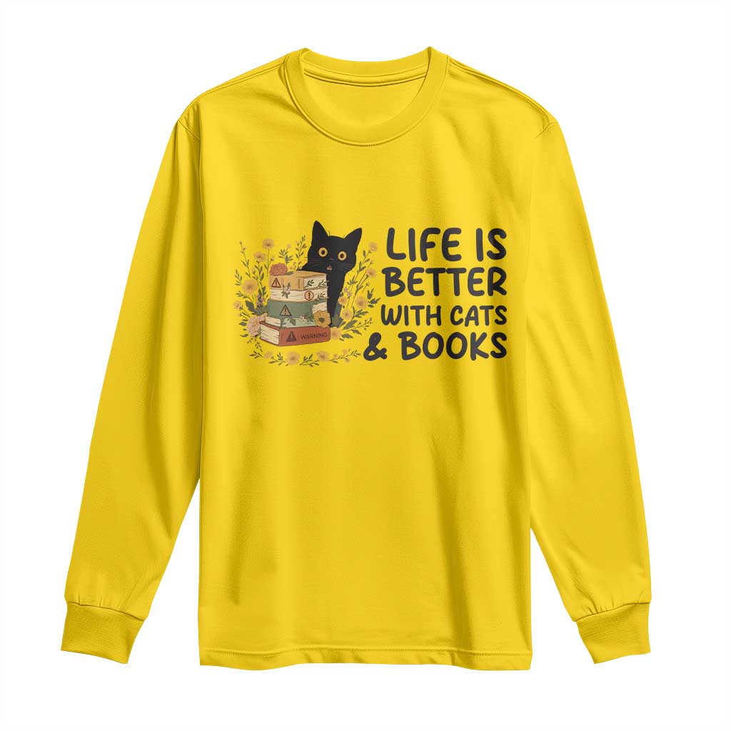 Life Is Better With Cats And Books Long Sleeve Shirt Funny Black Cat Book Lover - Wonder Print Shop