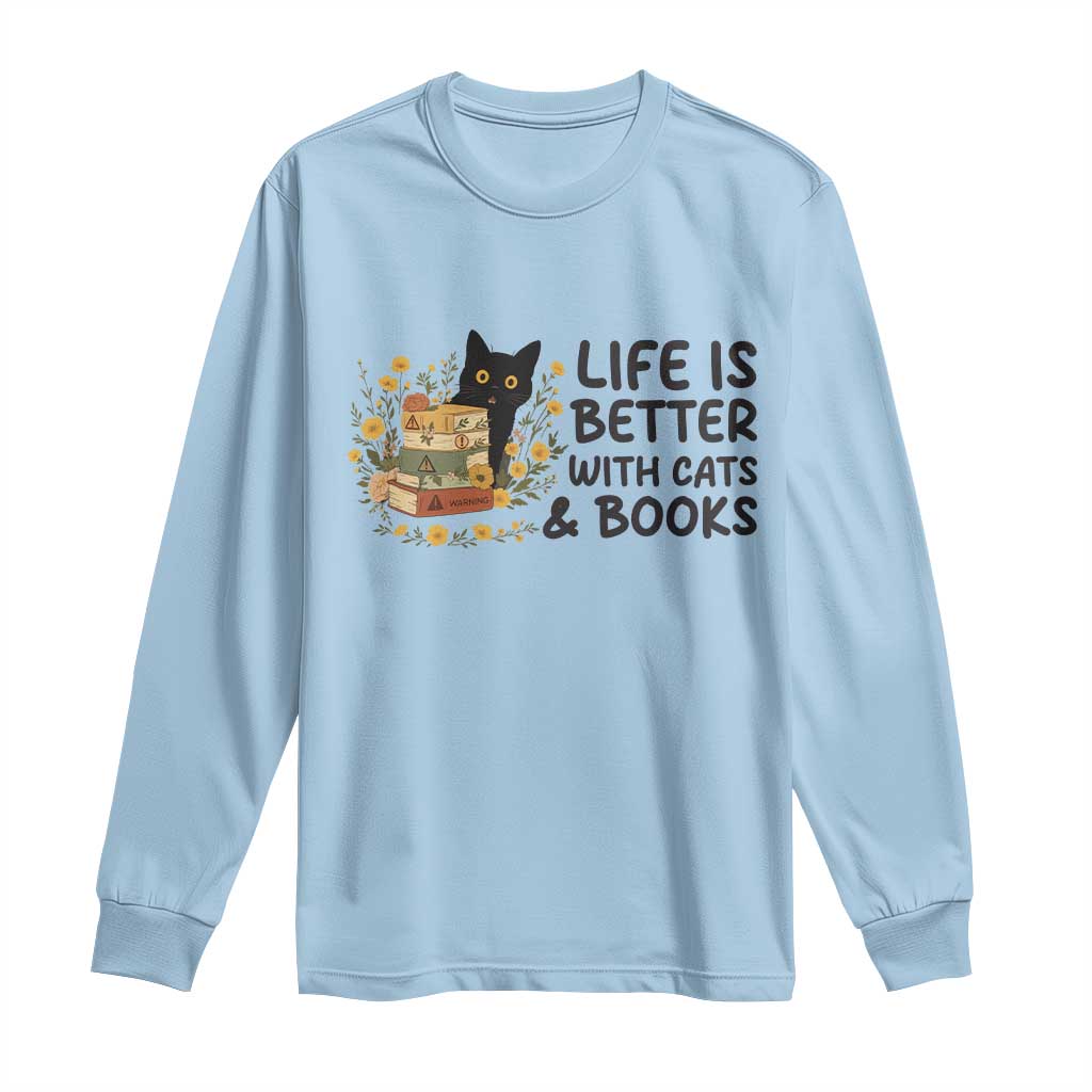 Life Is Better With Cats And Books Long Sleeve Shirt Funny Black Cat Book Lover - Wonder Print Shop