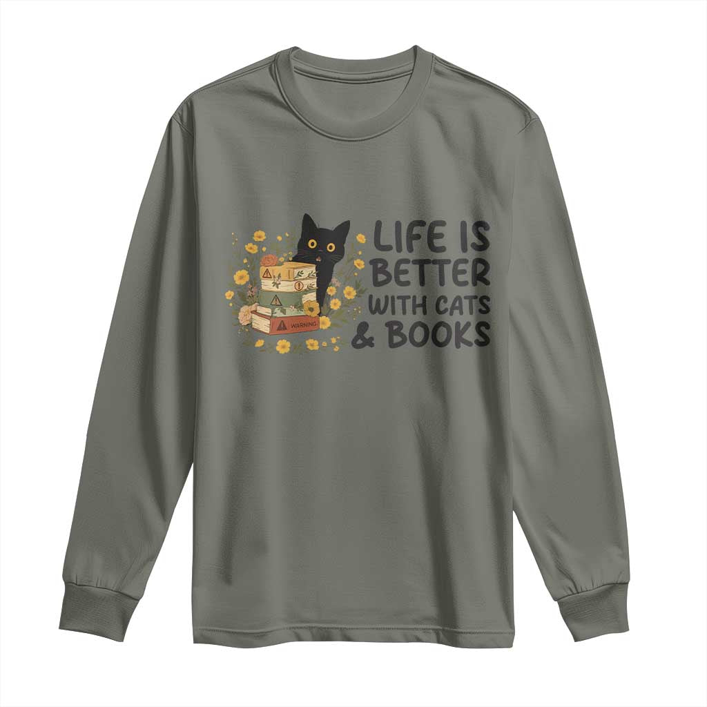 Life Is Better With Cats And Books Long Sleeve Shirt Funny Black Cat Book Lover - Wonder Print Shop