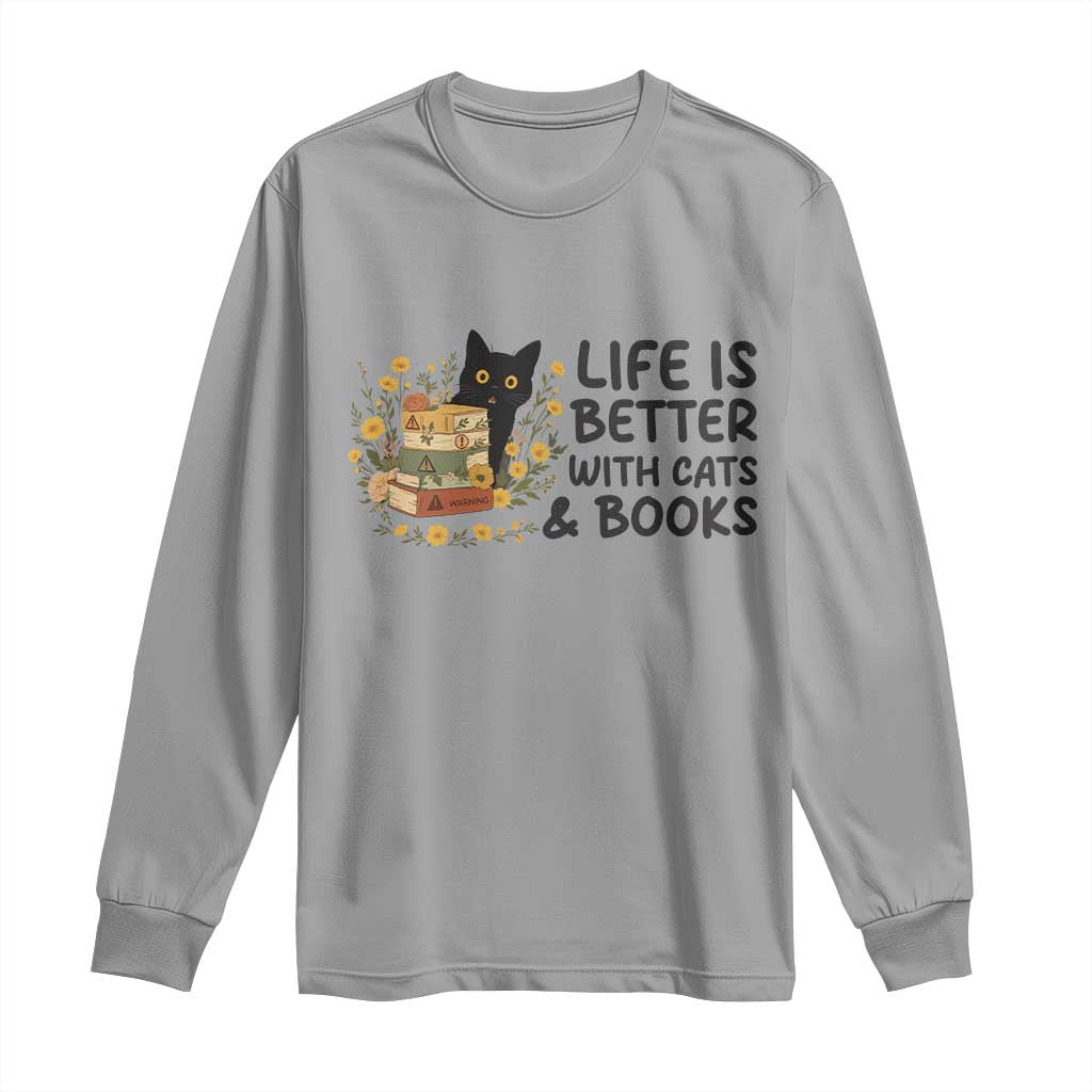 Life Is Better With Cats And Books Long Sleeve Shirt Funny Black Cat Book Lover - Wonder Print Shop
