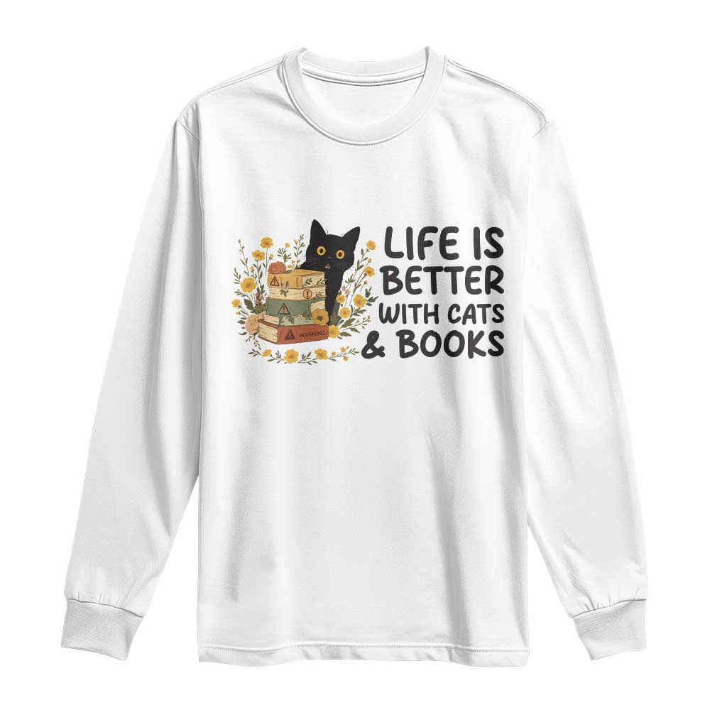Life Is Better With Cats And Books Long Sleeve Shirt Funny Black Cat Book Lover - Wonder Print Shop
