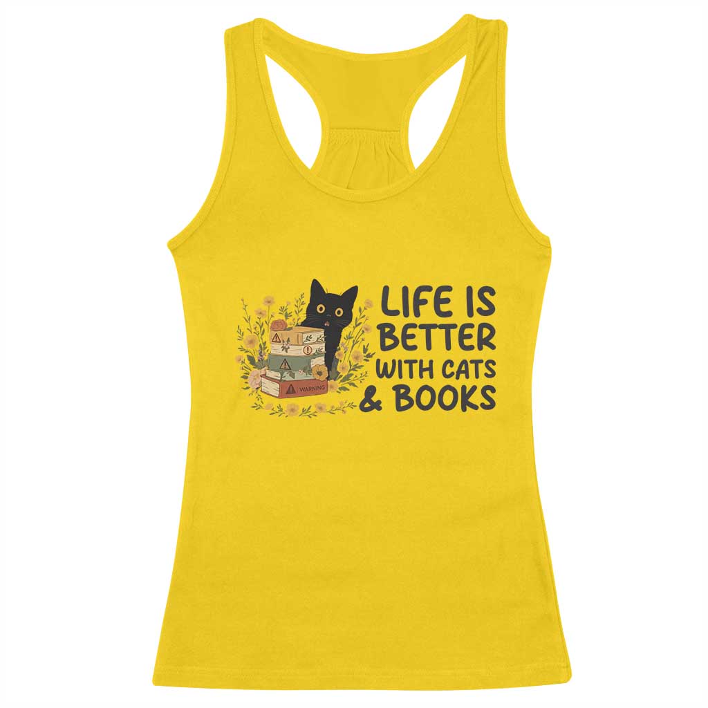 Life Is Better With Cats And Books Racerback Tank Top Funny Black Cat Book Lover - Wonder Print Shop