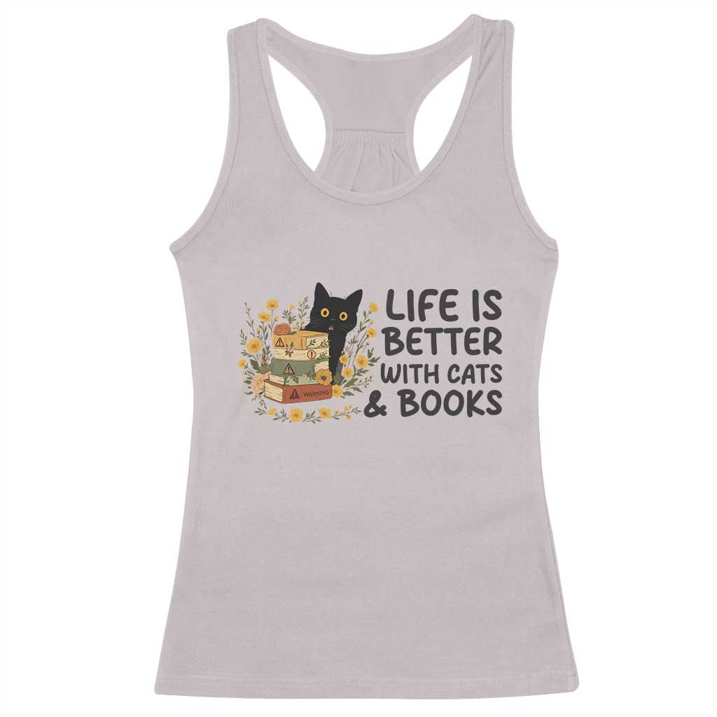 Life Is Better With Cats And Books Racerback Tank Top Funny Black Cat Book Lover - Wonder Print Shop