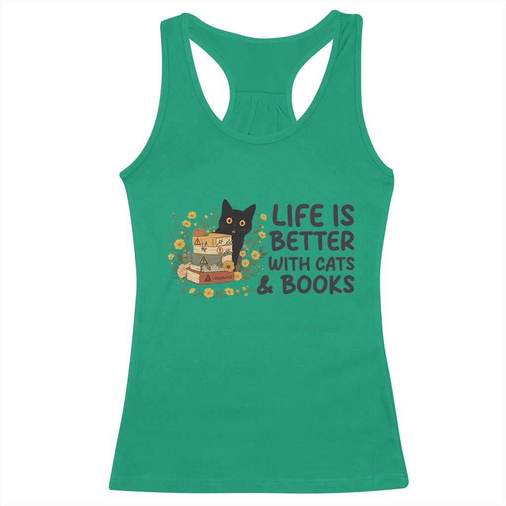 Life Is Better With Cats And Books Racerback Tank Top Funny Black Cat Book Lover - Wonder Print Shop