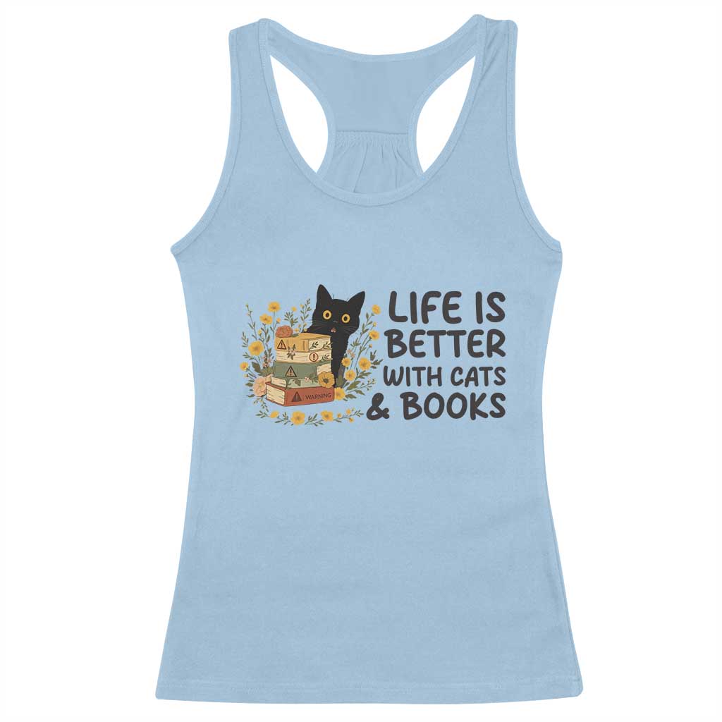 Life Is Better With Cats And Books Racerback Tank Top Funny Black Cat Book Lover - Wonder Print Shop
