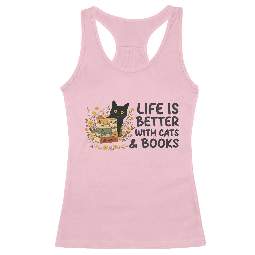 Life Is Better With Cats And Books Racerback Tank Top Funny Black Cat Book Lover - Wonder Print Shop