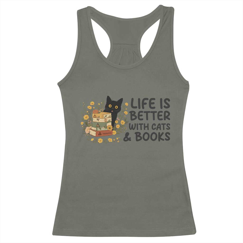 Life Is Better With Cats And Books Racerback Tank Top Funny Black Cat Book Lover - Wonder Print Shop