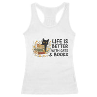 Life Is Better With Cats And Books Racerback Tank Top Funny Black Cat Book Lover - Wonder Print Shop