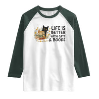 Life Is Better With Cats And Books Raglan Shirt Funny Black Cat Book Lover - Wonder Print Shop