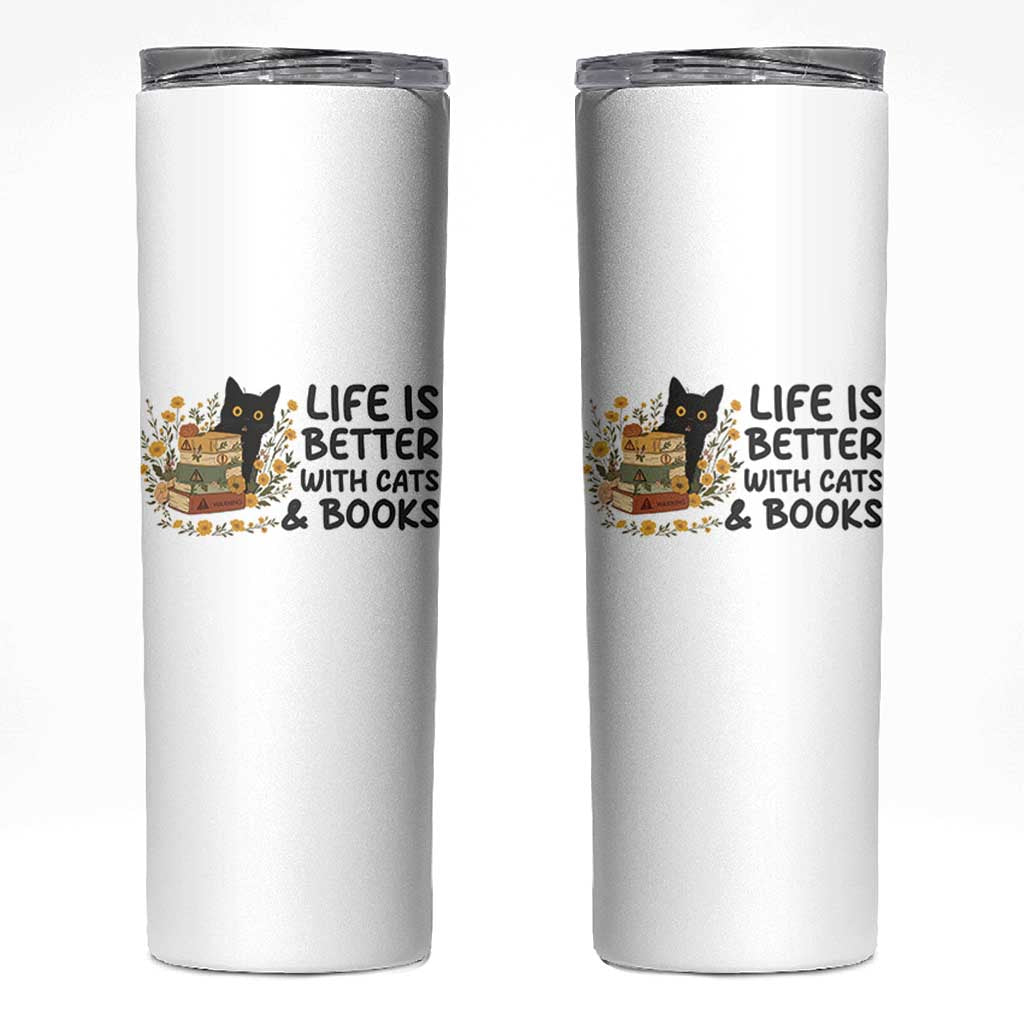 Life Is Better With Cats And Books Skinny Tumbler Funny Black Cat Book Lover