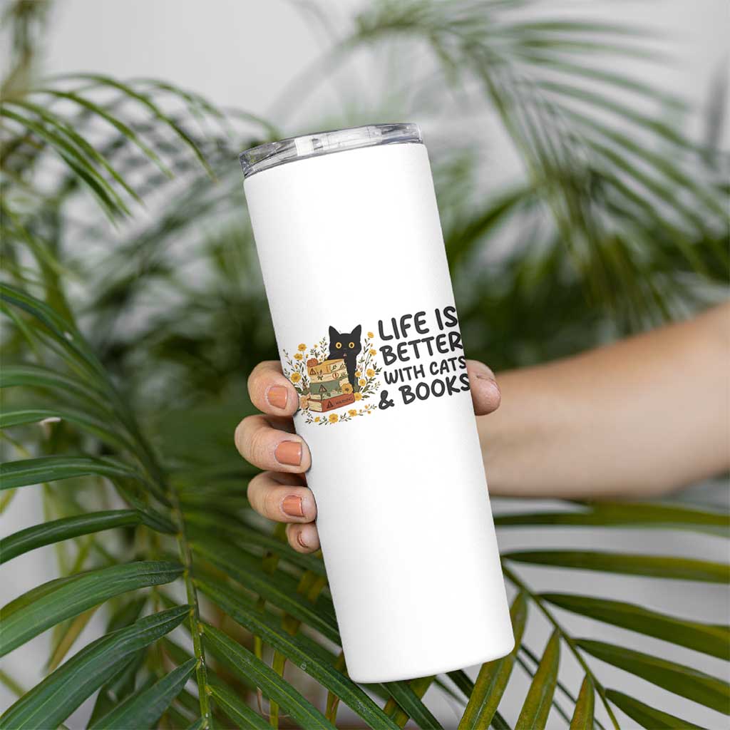 Life Is Better With Cats And Books Skinny Tumbler Funny Black Cat Book Lover