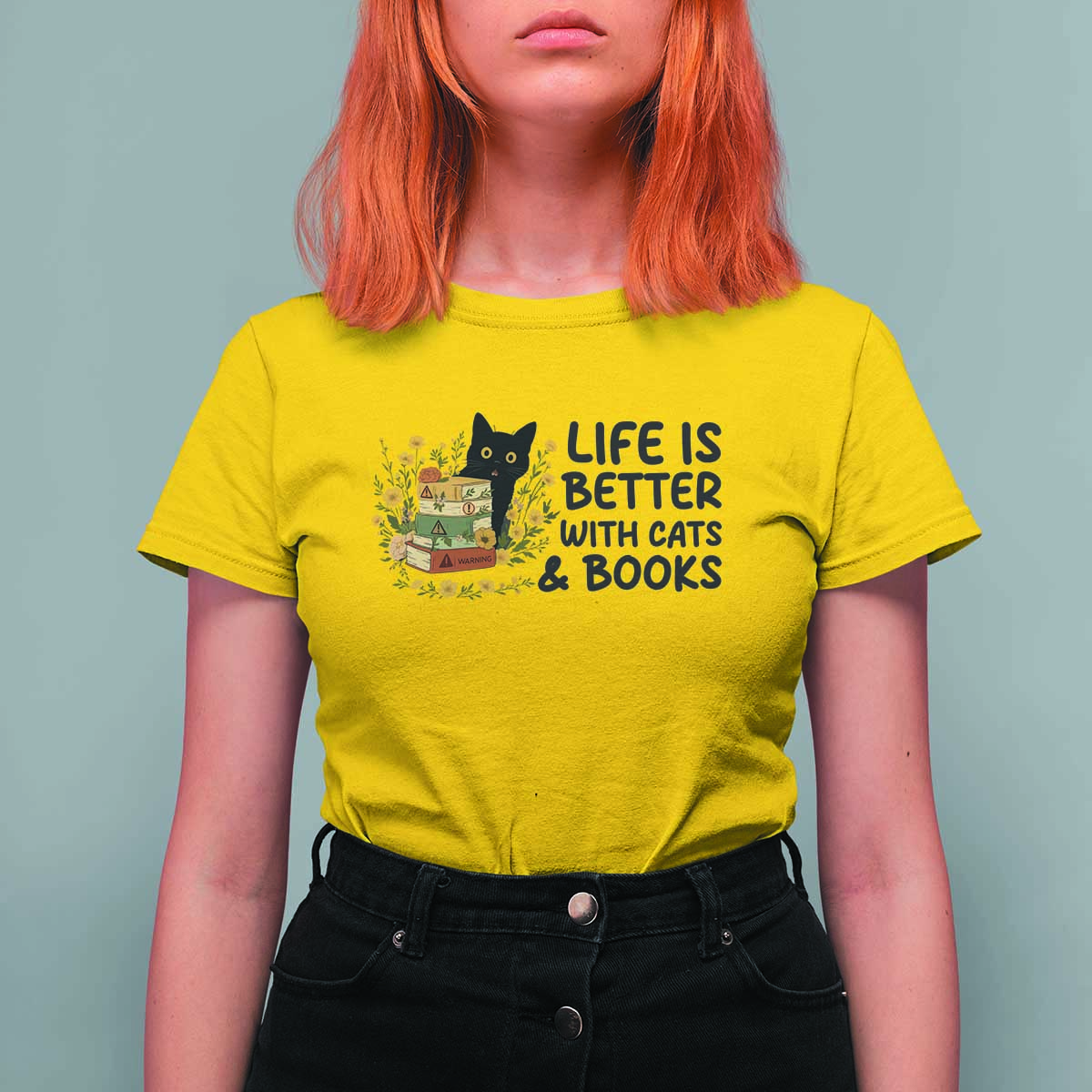 Life Is Better With Cats And Books T Shirt For Women Funny Black Cat Book Lover - Wonder Print Shop