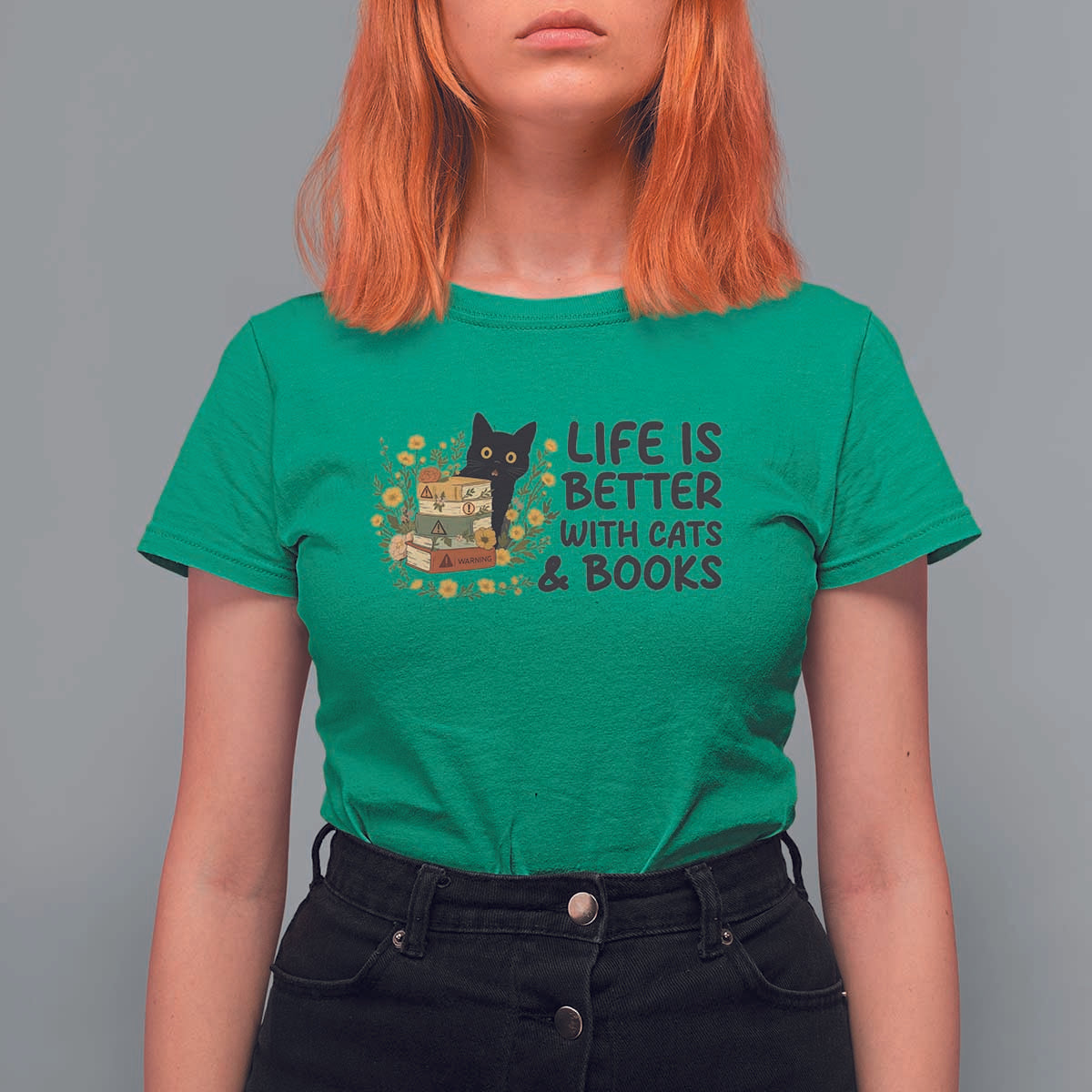 Life Is Better With Cats And Books T Shirt For Women Funny Black Cat Book Lover - Wonder Print Shop