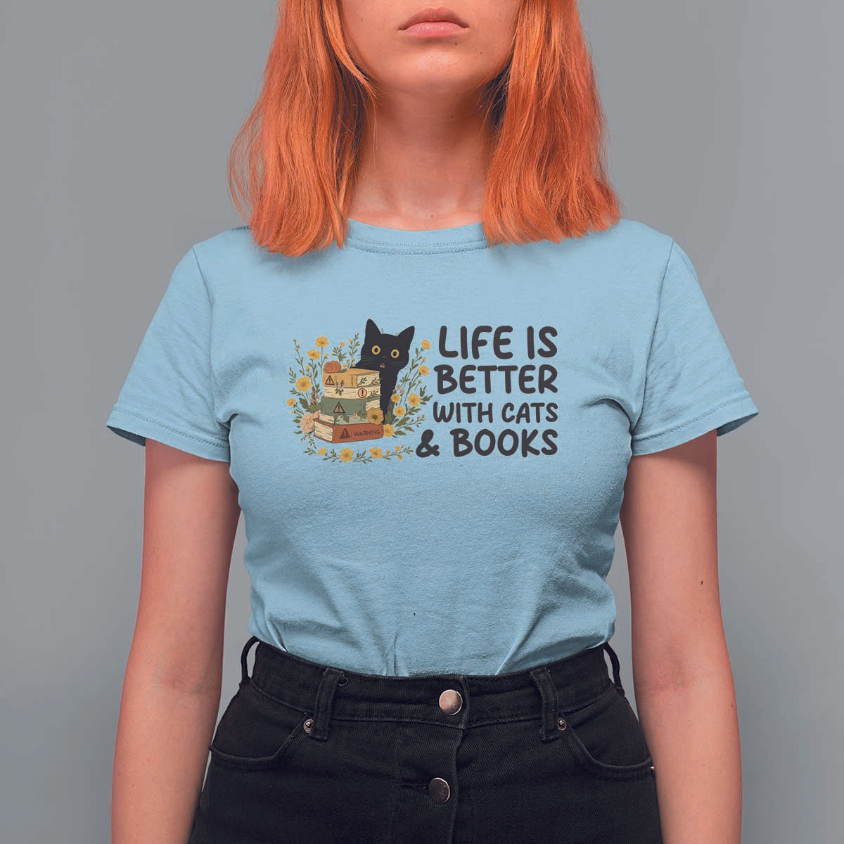 Life Is Better With Cats And Books T Shirt For Women Funny Black Cat Book Lover - Wonder Print Shop