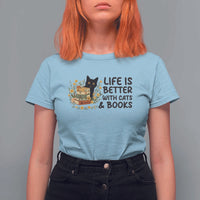 Life Is Better With Cats And Books T Shirt For Women Funny Black Cat Book Lover - Wonder Print Shop