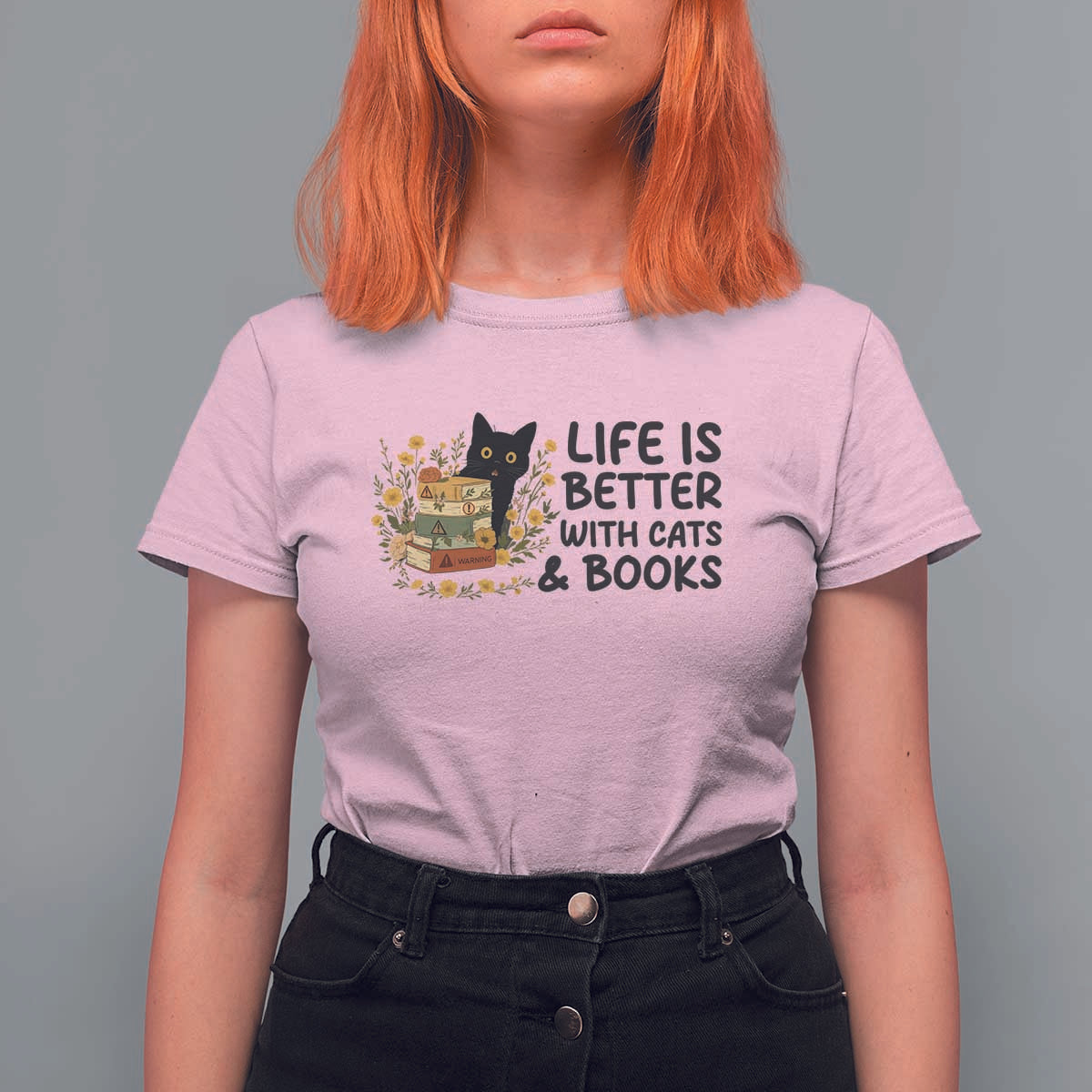 Life Is Better With Cats And Books T Shirt For Women Funny Black Cat Book Lover - Wonder Print Shop