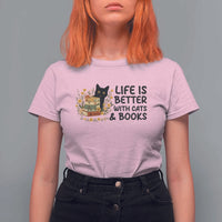 Life Is Better With Cats And Books T Shirt For Women Funny Black Cat Book Lover - Wonder Print Shop
