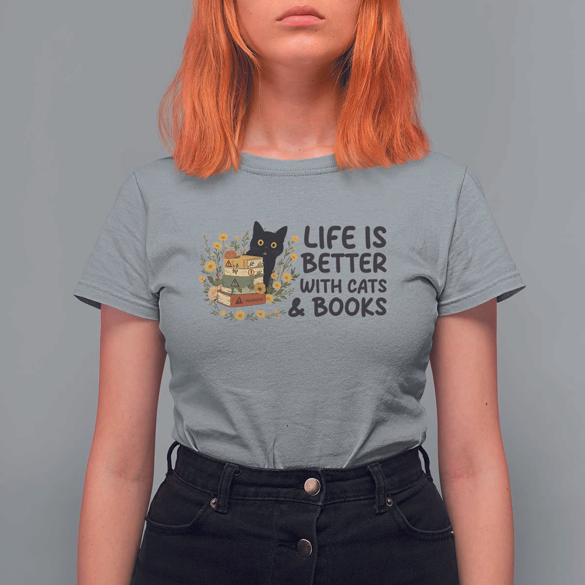 Life Is Better With Cats And Books T Shirt For Women Funny Black Cat Book Lover - Wonder Print Shop