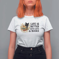 Life Is Better With Cats And Books T Shirt For Women Funny Black Cat Book Lover - Wonder Print Shop