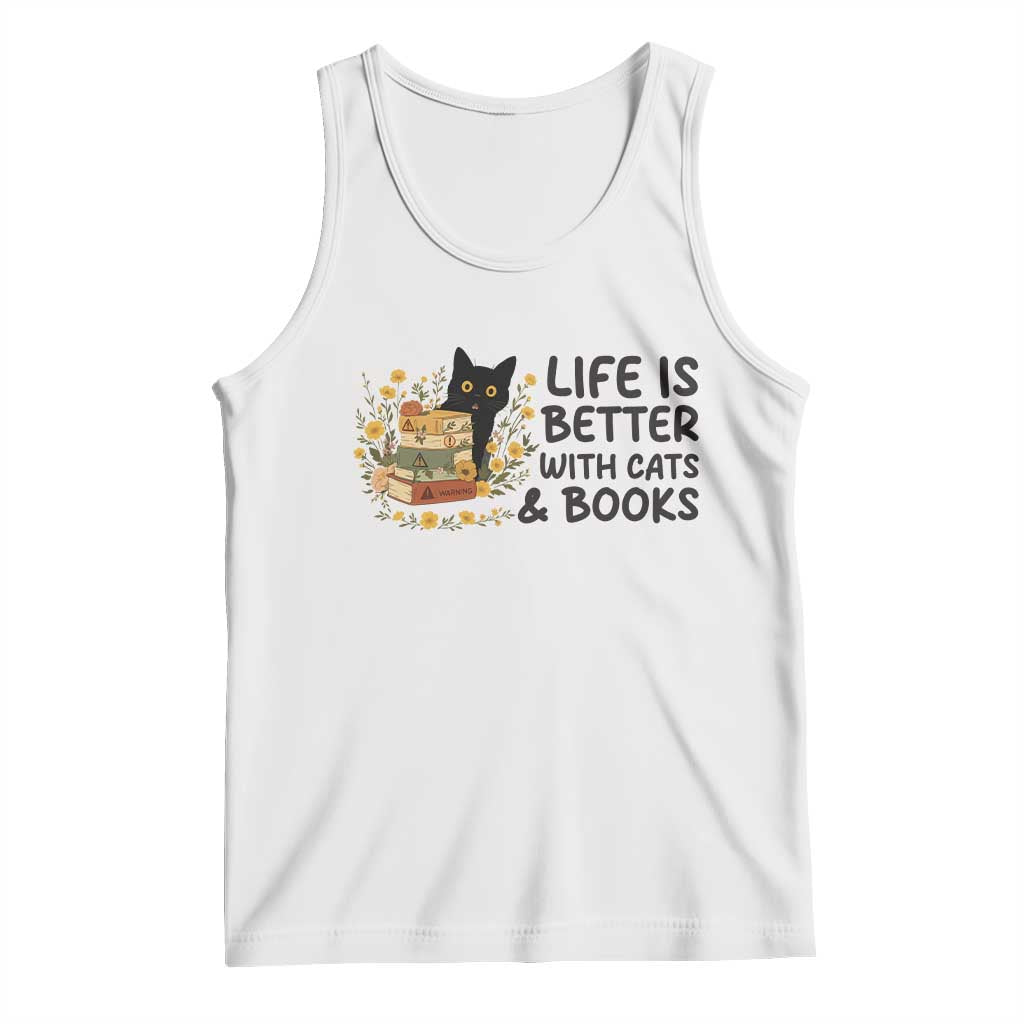 Life Is Better With Cats And Books Tank Top Funny Black Cat Book Lover - Wonder Print Shop