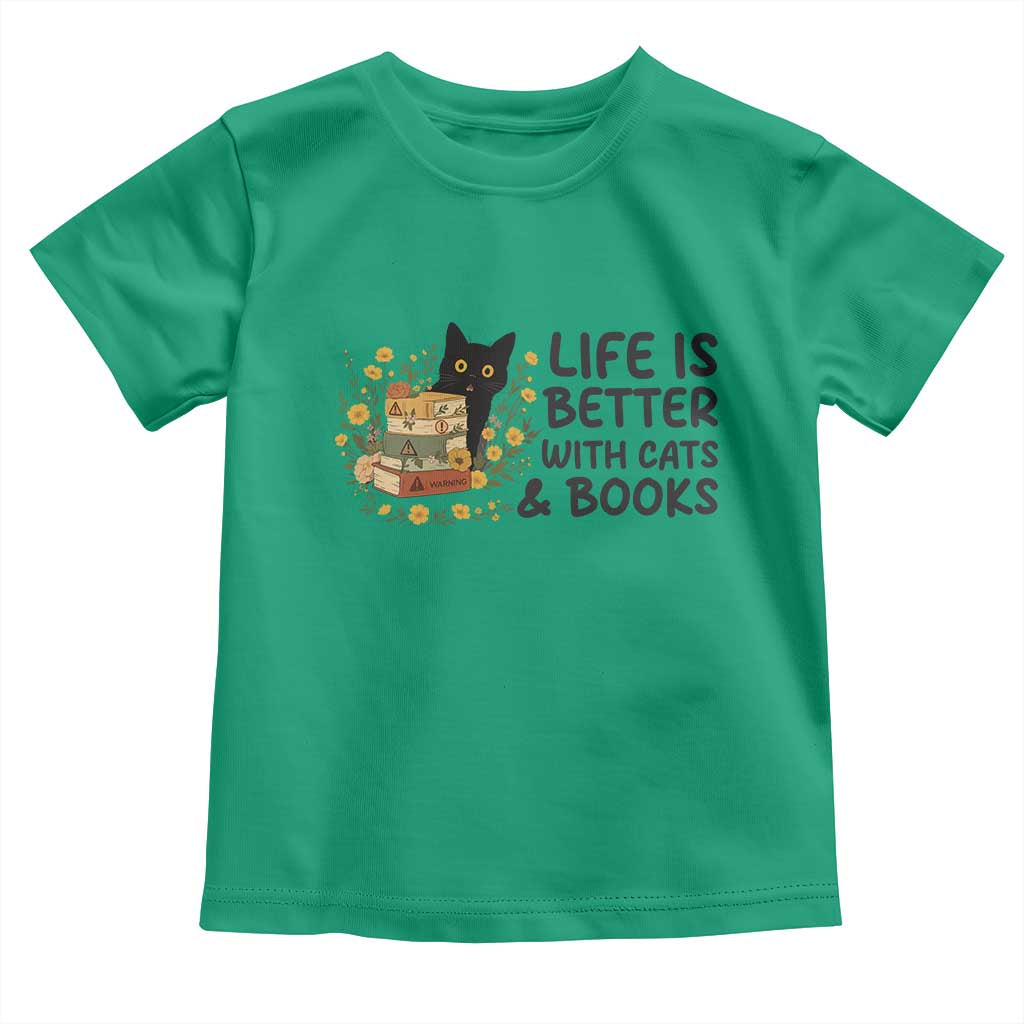 Life Is Better With Cats And Books Toddler T Shirt Funny Black Cat Book Lover - Wonder Print Shop