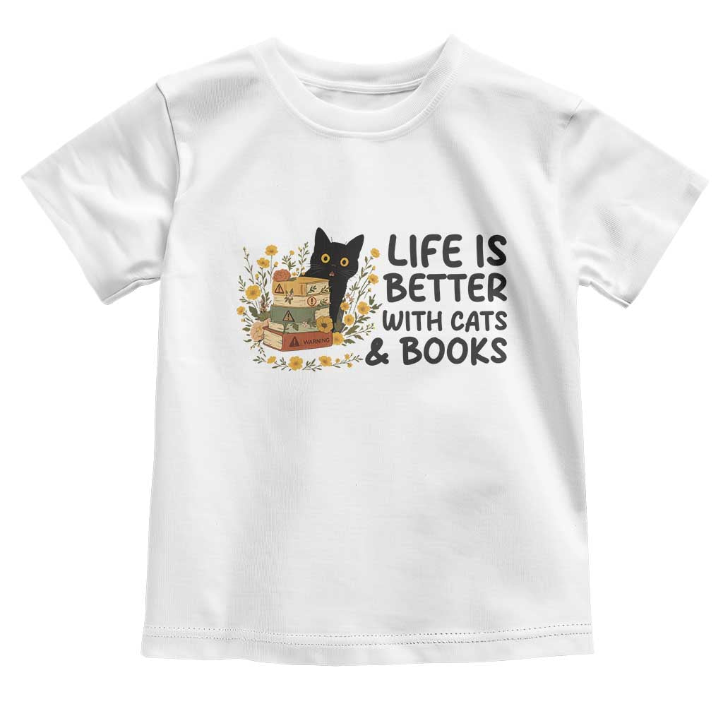 Life Is Better With Cats And Books Toddler T Shirt Funny Black Cat Book Lover - Wonder Print Shop
