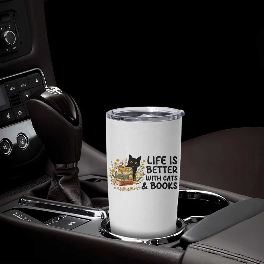Life Is Better With Cats And Books Tumbler Cup Funny Black Cat Book Lover