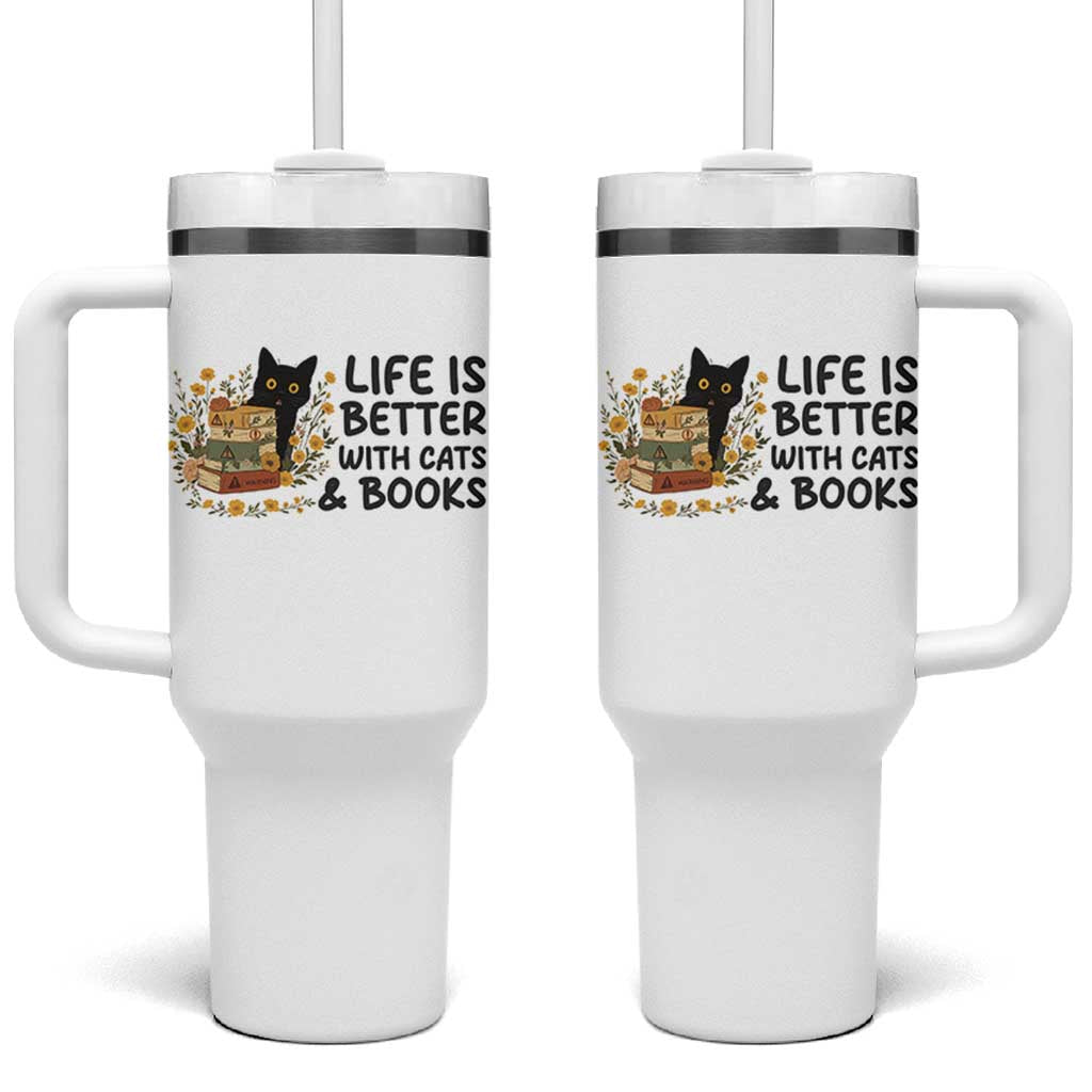 Life Is Better With Cats And Books Tumbler With Handle Funny Black Cat Book Lover
