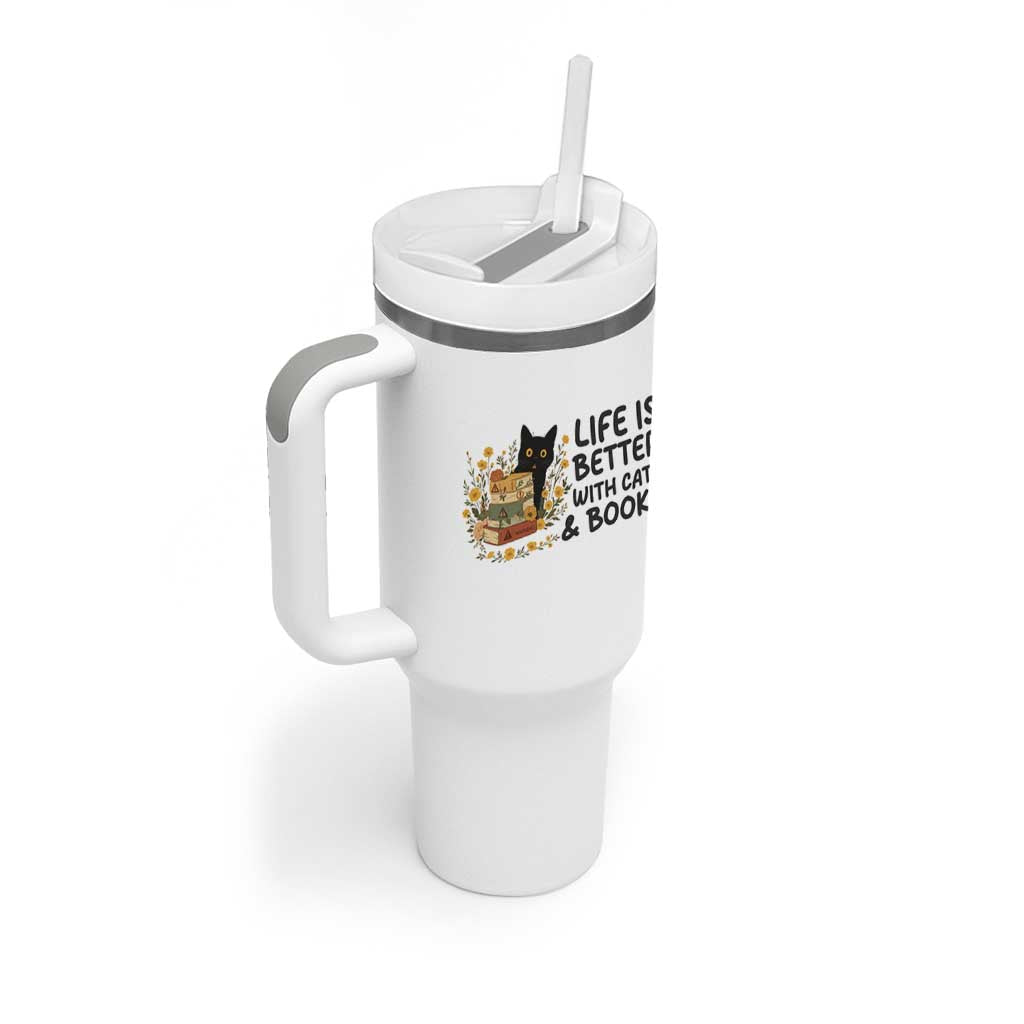 Life Is Better With Cats And Books Tumbler With Handle Funny Black Cat Book Lover