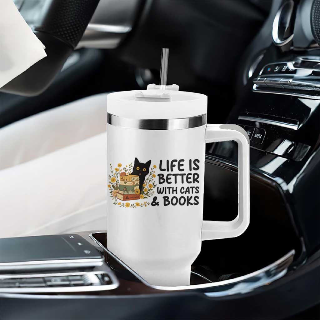 Life Is Better With Cats And Books Tumbler With Handle Funny Black Cat Book Lover