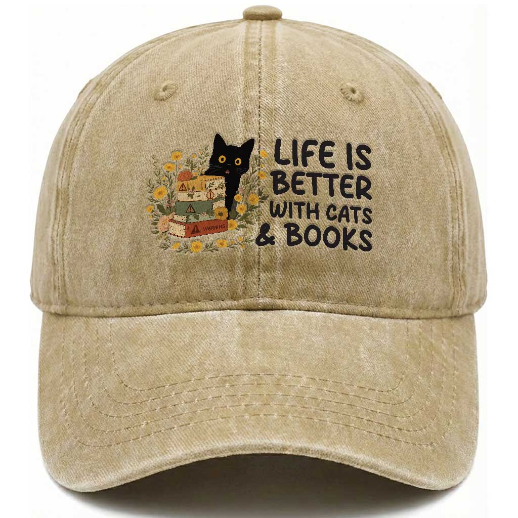 Life Is Better With Cats And Books Washed Cotton Baseball Cap Funny Black Cat Book Lover