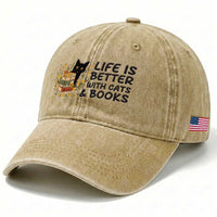 Life Is Better With Cats And Books Washed Cotton Baseball Cap Funny Black Cat Book Lover