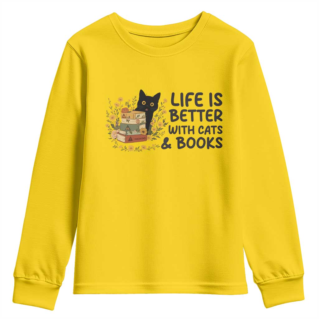 Life Is Better With Cats And Books Youth Sweatshirt Funny Black Cat Book Lover - Wonder Print Shop