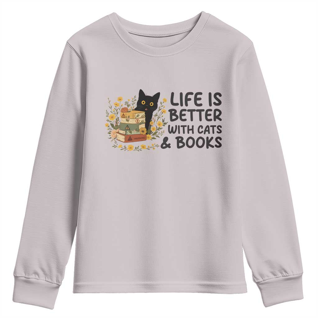Life Is Better With Cats And Books Youth Sweatshirt Funny Black Cat Book Lover - Wonder Print Shop