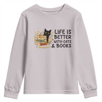 Life Is Better With Cats And Books Youth Sweatshirt Funny Black Cat Book Lover - Wonder Print Shop