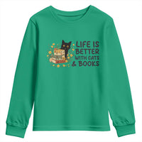 Life Is Better With Cats And Books Youth Sweatshirt Funny Black Cat Book Lover - Wonder Print Shop