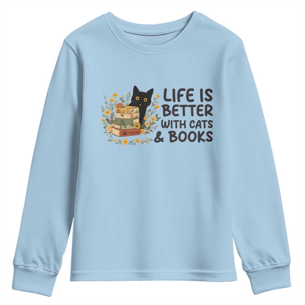 Life Is Better With Cats And Books Youth Sweatshirt Funny Black Cat Book Lover - Wonder Print Shop