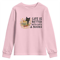 Life Is Better With Cats And Books Youth Sweatshirt Funny Black Cat Book Lover - Wonder Print Shop